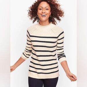 Talbots Striped Cotton Chunky Roll Neck Sweater Cream Navy PM Classic Fisherman
